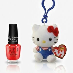 Ty Hello Kitty Plush Keychain White with Red Bow and Blue Overalls